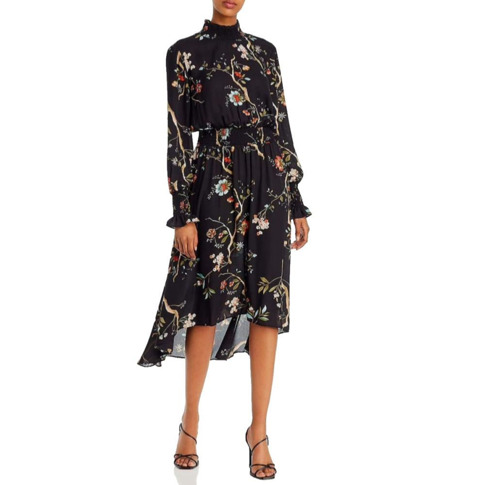Nanette Lepore Black Floral Hi Low Hem Long Sleeve Dress Size 4